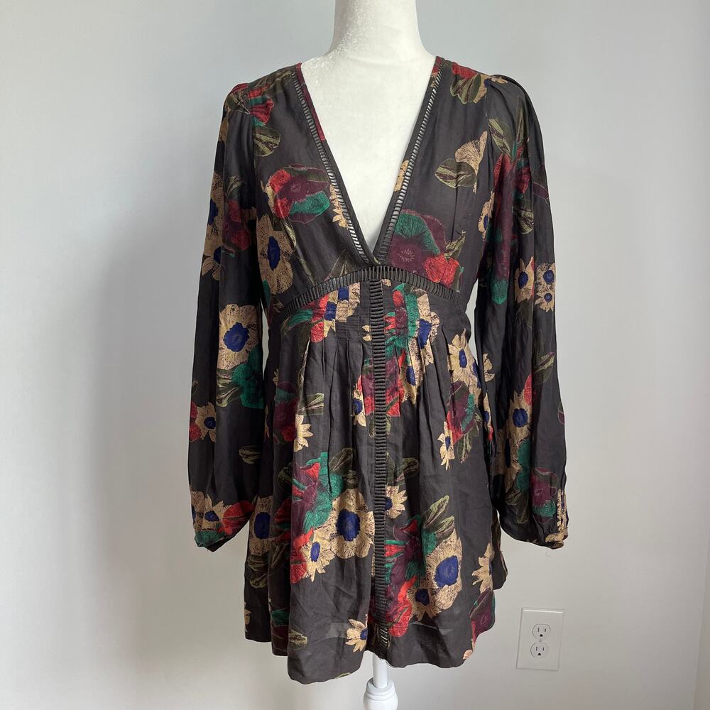 Free People Strawberry Fields Brown Floral Long Sleeve Tunic Mini Dress - Picture 2 of 7